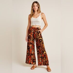 🧡 Free People Boho Wide-Leg Pants – Abstract Rust Print – Size 10